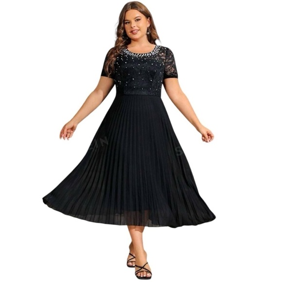 BLACK LACE PATCHWORK & FAUX PEARL DECOR PLEATED DRESS - Picture 7 of 8